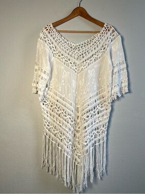 iRE Fashion White Crochet Fringe Tunic with butterfly detail sheer flowy